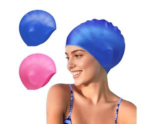 Home-X Swimming Caps for Women Men, 2 Pcs Large Silicone Swimming Cap for Men Women with 3D Ear Protection, Waterproof Swim Cap for Long Hair/Short Hair, Comfortable Elastic Material Swim Hats