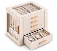 Homeanda Jewellery Box, Large 5-Layer Organiser Case with Glass Lid, Beige | Modern PU Leather Case with Drawers & Side Necklace Hooks, Velvet Organiser for Rings & Earrings, Gift for Women & Girls