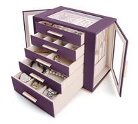 Homeanda Large Jewellery Organiser Box for Women - 5 Layer PU Leather Storage Case with Clear View Window, Holds Rings, Earrings, Necklaces, Bracelets & Watches - Elegant Vanity Display Case (Purple)