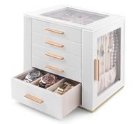 Homeanda Large Jewellery Organiser Box for Women - 5 Layer PU Leather Storage Case with Clear View Window, Holds Rings, Earrings, Necklaces, Bracelets & Watches - Elegant Vanity Display Case (White)
