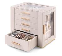Homeanda Large Jewellery Organiser Box for Women - 5 Layer PU Leather Storage Case with Clear View Window, Holds Rings, Earrings, Necklaces, Bracelets & Watches - Elegant Vanity Display Case (Beige)