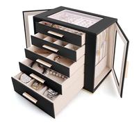 Homeanda Large Jewellery Organiser Box for Women - 5 Layer PU Leather Storage Case with Clear View Window, Holds Rings, Earrings, Necklaces, Bracelets & Watches - Elegant Vanity Display Case(Black)