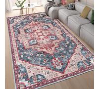 homeart Machine Washable Rug -%63 Cotton, Low Pile Carpet with Non Slip Backing - Non-Shedding Large Rugs for Living Room, Bedroom, Kitchen, Dining Room, Hallway - Vintage Red Teal, 200x290 cm