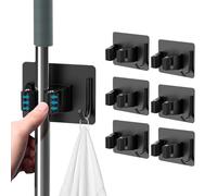 HOMEASY Mop Broom Holder, 6 Pcs Stainless Steel Self Adhesive Mop Holder Wall Mounted with Hooks Hanger Self-Adhesive Broom Holder for Bathroom, Kitchen, Office, Closet, Garden Garage(Black)