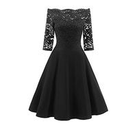 HOMEBABY Ladies Off Shoulder Evening Dresses, Women Vintage Lace Formal Patchwork Wedding Cocktail Party Retro Swing Dress Occasion T Shirt Dresses Ladies Wedding Outfits Plus Size (XL, Black)