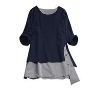 HOMEBABY Plus Size Womens Cotton Linen Long Sleeve Tunic Top Ladies Boho Splice Loose Classic Spring Winter Baggy Blouse Fashion Sweatshirt T-Shirt Navy