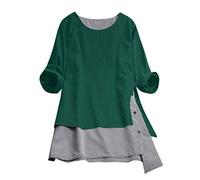HOMEBABY Plus Size Womens Cotton Linen Long Sleeve Tunic Top Ladies Boho Splice Loose Classic Spring Winter Baggy Blouse Fashion Sweatshirt T-Shirt Green