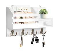 HOMEBROS Key Holder Wall Mount, Wooden Adhesive Mail and Key Organizer with Drawer, Small Shelf, 8 Hooks, 2 Installation Methods, White