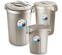HomeCentre Plastic Waste Bin Set of 3 with Lids - Bathroom Bin 8, Kitchen Rubbish Bin 23L and Large Outdoor Dustbin 46L - for Home, Office, Garden and Garage - Indoor and Outdoor Use - Beige