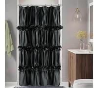 Homechoice Decor Black Ruffle Small Stall Shower Curtain 36" W x 72" H, Vintage Handcrafted Bow Tie Bath Curtain for Master Bathroom, Ruched Satin Bathroom Curtain with 7 Buttonholes (LQ-10)