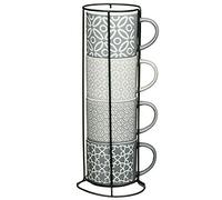 HomeDecor4u- New Geo Set of 4 Jumbo Embossed Stacking Tea Coffee Mugs Grey with Metal Stand
