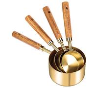 HOMEDEK Measuring Cups and Spoons Set of 8, Wood Handle with Metric and US Measurements,Stainless Steel, for Cooking and Baking