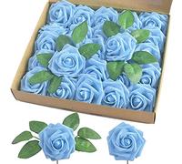 homEdge Artificial Rose, 25pcs Foam Artificial Flowers with Stem for Home Decorations, Wedding Bouquets, Party, Certerpieces, Anniversaries-Aqua Blue
