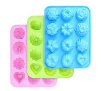 homEdge Food Grade Silicone Flowers Molds, Baking Pan with Flowers and Heart Shape Non-Stick FDA Approved 3-Pack Silicone Molds for Chocolate, Candy, Jelly, Ice Cube, Muffin (Pink, Blue and Green)