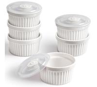 homEdge Porcelain Ramekins Set with Lid, 240 ml / 8 Fl Ounces Ice Cream Bowl, Creme Brûlée Ramekins Soufflé Cup for Baking, Set of 6 White