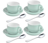homEdge Premium Espresso Shot Cups and Saucers Set with Espresso Stainless Steel Spoons - 2.5 oz, Set of 4, Mint Green