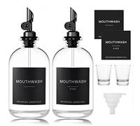 HomeFeel Black Glass Mouthwash Dispenser with Cups, 12.7 oz, 2 Pack - Clear Mouthwash Bottle with 304 Stainless Steel Spout & Minimalist Labels, Style Mouthwash Container for Bathroom