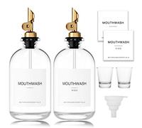 HomeFeel Mouthwash Dispenser for Bathroom, 12.7 oz, 2 Pack - Glass Mouthwash Bottle with 304 Stainless Steel Spout & Minimalist Labels, Style Mouthwash Container, Gold