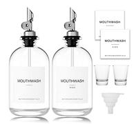 HomeFeel Mouthwash Dispenser for Bathroom, 12.7 oz, 2 Pack - Glass Mouthwash Bottle with 304 Stainless Steel Spout & Minimalist Labels, Style Mouthwash Container, Silver