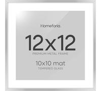 Homeforia 12x12 Frames Silver, Premium Metal 12 x12 Picture Square Frame with Mat for 10x10 Photo, Picture Frames 12x12 with Mat for 10 x 10 Photo, Tempered Glass, Wall Hook Included, Set of 1