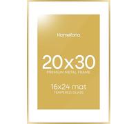Homeforia 20x30 Poster Frame Gold, High End Metal 20 x 30 Picture Frames with Mat 16 by 24 Photo, 20x30 Gold Frame Matted to 16x24 Print, 30x20 Large Hanging Frames, Tempered Glass, Wall Kit, Set of 1