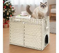 Homegroove Cat Litter Box Enclosure Furniture, Extra Large Hidden Litter Box with Soft Mat and Fence, Comfortable Handwoven Rattan Cat House with S-Shaped Hooks for Living Room, Bedroom (Camel)