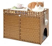Homegroove Cat Litter Box Enclosure Furniture, Extra Large Hidden Litter Box with Soft Mat and Fence, Comfortable Handwoven Rattan Cat House with S-Shaped Hooks for Living Room, Bedroom (Walnut)