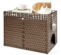 Homegroove Cat Litter Box Enclosure Furniture, Hidden Litter Box with Soft Mat and Fence, Comfortable Handwoven Rattan Cat House with S-Shaped Hooks for Living Room, Bedroom (Dark Brown)