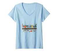 Homegrown Veggie Garden Delight Print for Food Lovers V-Neck T-Shirt, Women, Baby Blue, S