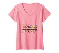 Homegrown Veggie Garden Delight Print for Food Lovers V-Neck T-Shirt, Women, Pink, XL