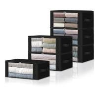 HomeHacks 6-Pack Clothes Organizer Storage Bags Foldable Storage Box with Large Clear Window Sturdy Handles for Closet, Dorm, Pillows, Bedding, Clothes, Stuffed Toys, Blankets, 35L, Black