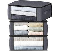 HomeHacks Storage 3-Pack Clothes Organizer Storage Bags Foldable Storage Box with Large Clear Window Sturdy Handles for Closet, Dorm, Pillows, Bedding, Clothes, Stuffed Toys, Blankets, Grey