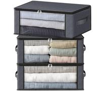 HomeHacks Storage 3-Pack Clothes Organizer Storage Bags Foldable Storage Box with Large Clear Window Sturdy Handles for Closet, Dorm, Pillows, Bedding, Clothes, Stuffed Toys, Blankets, Grey