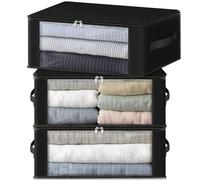HomeHacks Storage 3-Pack Clothes Organizer Storage Bags Foldable Storage Box with Large Clear Window Sturdy Handles for Closet, Dorm, Pillows, Bedding, Clothes, Stuffed Toys, Blankets, 35L, Black