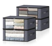HomeHacks Storage 4-Pack Clothes Organizer Storage Bags Foldable Storage Box with Large Clear Window Sturdy Handles for Closet, Dorm, Pillows, Bedding, Clothes, Stuffed Toys, Blankets, Grey