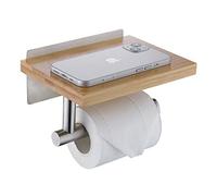 HomeHeng Toilet Roll Holder with Natural Bamboo Shelf, Modern Roll Tissue Holder Wall Mounted No Drilling, Brushed Nickel Toilet Paper Roll Holder for Bathroom, H98903BN