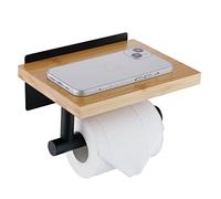 HomeHeng Toilet Roll Holder with Natural Bamboo Shelf, Modern Roll Tissue Holder Wall Mounted No Drilling, Matte Black Toilet Paper Roll Holder for Bathroom, H98903MB