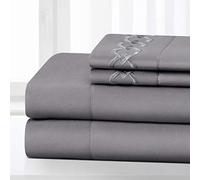 HOMEIDEAS 4 Piece Buckle Embroidered Edge Bed Sheets Set Extra Soft Brushed Microfiber 1800 Bedding Sheets Deep Pocket, Wrinkle & Fade Free (Super King, Gray)