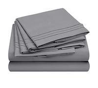 HOMEIDEAS 6 Piece 3-Line Embossed Bed Sheets Set Extra Soft Brushed Microfiber 1800 Bedding Sheets Deep Pocket, Wrinkle & Fade Free (King, Gray)