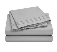 HOMEIDEAS Double Sheets Set 3-Line Embossed Bed Sheets Light Gray Sheets Extra Soft Brushed Microfiber Sheets Deep Pocket, Wrinkle & Fade Free (4 Pieces)