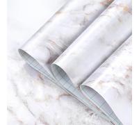 Homein Marble Self Adhesive Sticky Paper Back Plastic Roll 44.5x200cm, Peel and Stick Waterproof Vinyl Film for Kitchen Countertop Furniture, White-Brown Glossy Granite Furniture Stickers