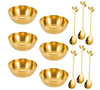 HOMEJOY 6 Pcs Golden Dipping Plate Stainless Steel Gold Dip Bowl Seasoning Dishes with 6 Spoons Plates Sauce Dish for Appetizer French Fries Ketchup Dips Ingredients Nibbles