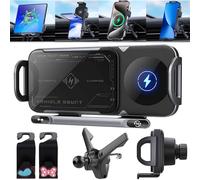 HomeJoySet 2024 2-in-1 High Intelligent Mobile Phone/Pad Holder - Wireless Car Charger With Fast Charging, Auto Rotating, Foldable Phone Compatible (Black)(B)