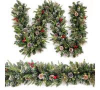 HomeKaren Christmas Garland Snowy 2.7M with 50 Lights, Red Berry and Pine Cone