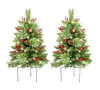 HomeKaren Christmas Tree 24 inch Prelit 2 Set Pathway Porch Christmas Trees Pre-Light LED Battery Operated Outdoor Xmas Decor for Entrance Driveway, Yard, Garden, Red Berries, Pine Cones