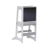 Homeke Wooden Step Stool for Toddlers,Multi-Use Child Step Stand,Learning Tower with Chalkboard,Kitchen Helper Tower for Kids,White and Grey