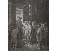 Homeless men queuing in the rain to enter a night refuge in London in the 19th century. After an illustration by Gustave DorÔøΩ in the 1890 American edition of London: A Pilgrimage written by