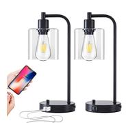 Homelist Dimmable Bedside Lamps Set of 2, Industrial Retro with USB Charging Ports, Black Modern LED Nightstand Desk Beside Table Lamp, Glass Shade for Bedroom Living Room Home Office, Bulb Included