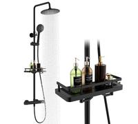 HOMELODY Shower System with Thermostat and Shower Shelf - Shower Fitting Complete Set Black with Round Rain Shower Head 3 Jet Types ABS Hand Shower, Safety Lock at 38 °C - Shower Fitting Black