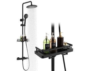 HOMELODY Shower System with Thermostat and Shower Shelf - Shower Fitting Complete Set Black with Round Rain Shower Head 3 Jet Types ABS Hand Shower, Safety Lock at 38 °C - Shower Fitting Black